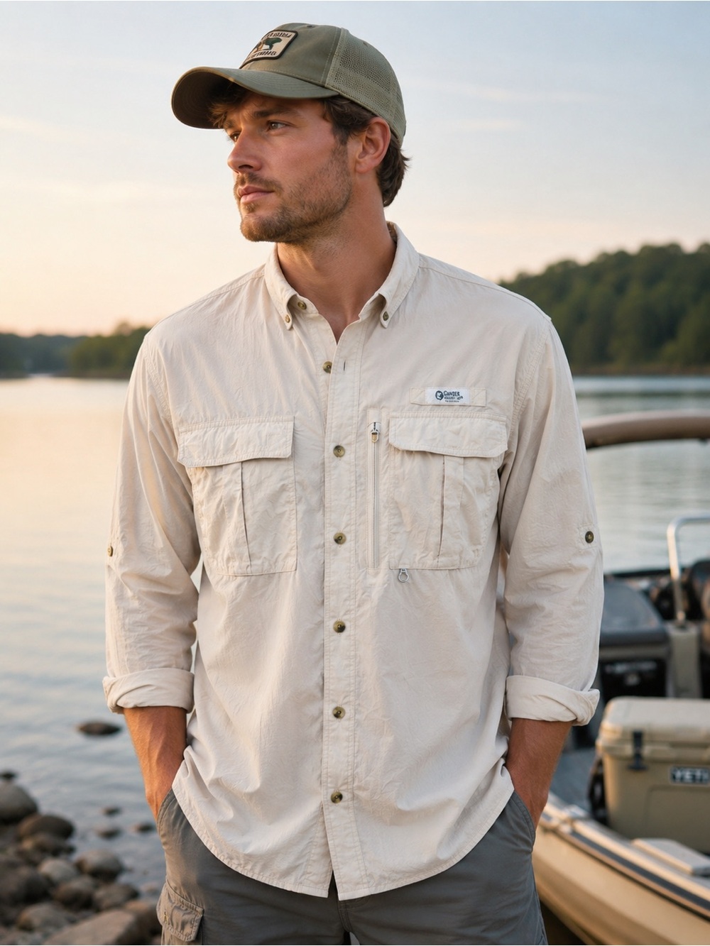 Gander Mountain Outdoors Fishing Men's Lightweight Button-Down Shirt in Beige XL